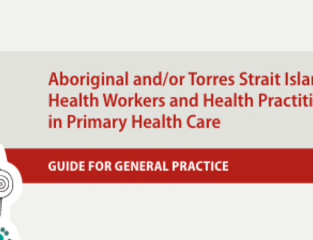 Beige background, green Indigenous art on the left-hand side, with red writing in the centre saying, "Aboriginal andor Torres Strait Islander Health Workers and Health Practitioners in Primary Health Care Guide for General Practice"