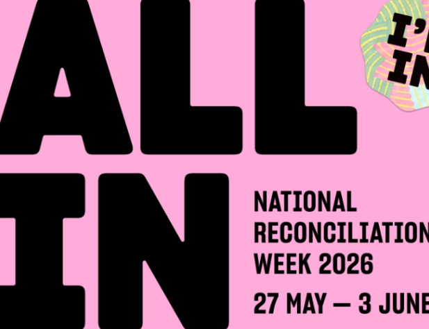 Pink poster with black words, "All In: National Reconciliation Week 2026 27 May - 3 June"