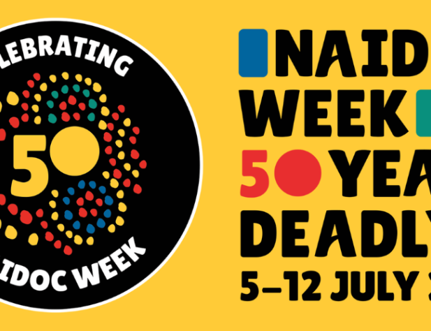 Yellow background, black circle with words "Celebrating 50 NAIDOC Week" on right-hand side, and "NAIDOC Week 50 Years Deadly 5-12 July 2026" on left-hand side