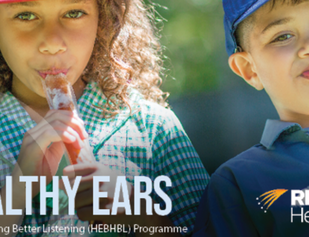 Two schoolchildren with words in left hand corner "Health Ears Better Hearing Better Listening (HEBHBL) Programme" and RDN Health logo in right hand corner