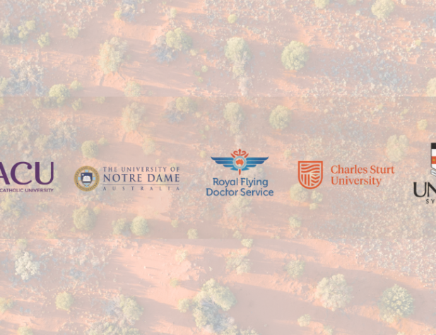 ACU, UND, RFS, CSU, UNSW Logos in front of red dirt, green bush background