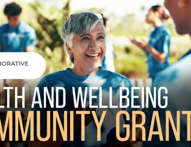 Woman smiling. Collaborative Care logo on white background and "Health and Wellbeing Community Grants" text