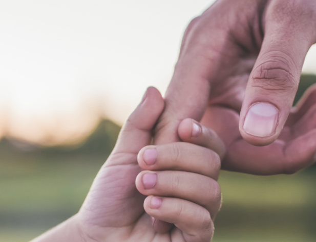 Small child's hand holding index finger of adult's hand