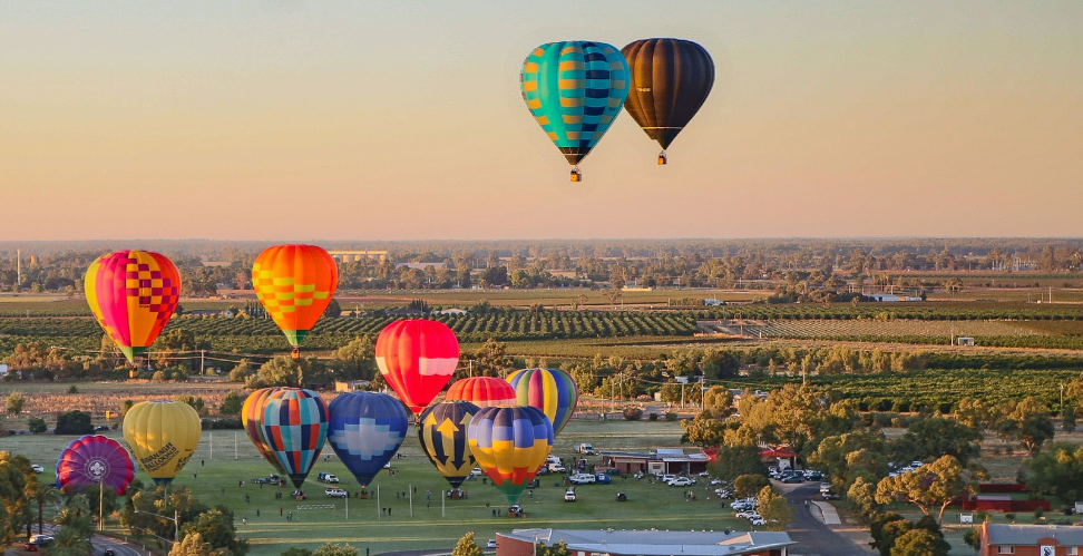 Hot air balloons in a rural landscape in Leeton, NSW